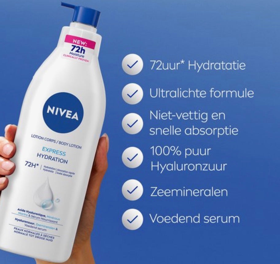 NIVEA Express Bodylotion ب پەمپێ
بۆ پێستێن ئاسایی هەتا پێستێن هەشک.
تێکەلا هیالورۆنیک ئەسید و سێرۆما خۆراکدەر.