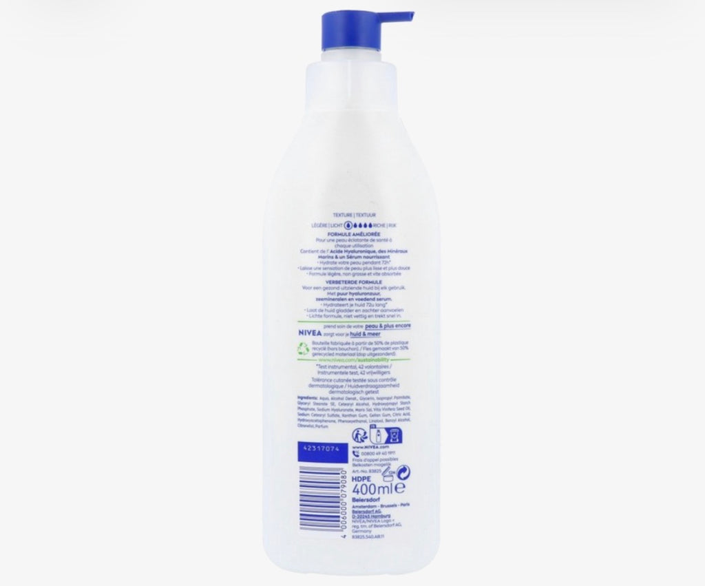 NIVEA Express Bodylotion ب پەمپێ
بۆ پێستێن ئاسایی هەتا پێستێن هەشک.
تێکەلا هیالورۆنیک ئەسید و سێرۆما خۆراکدەر.