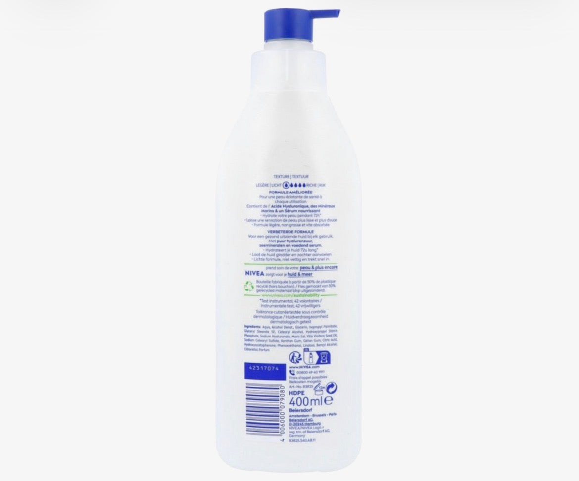 NIVEA Express Bodylotion ب پەمپێ
بۆ پێستێن ئاسایی هەتا پێستێن هەشک.
تێکەلا هیالورۆنیک ئەسید و سێرۆما خۆراکدەر.