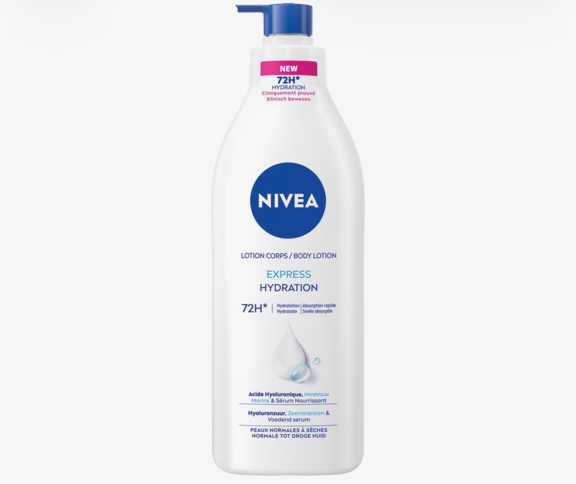 NIVEA Express Bodylotion ب پەمپێ
بۆ پێستێن ئاسایی هەتا پێستێن هەشک.
تێکەلا هیالورۆنیک ئەسید و سێرۆما خۆراکدەر.